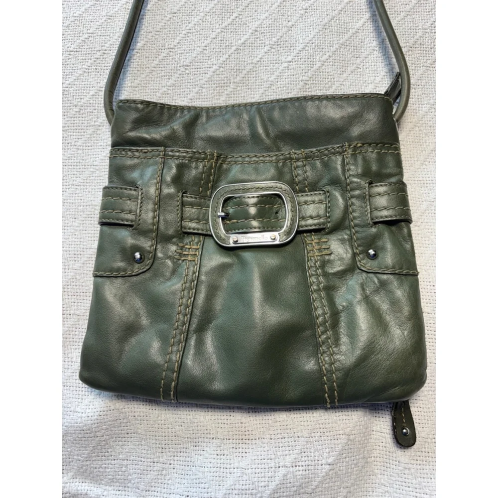 Vintage Tignanello Olive Green Italian Leather Crossbody with Buckle Accent